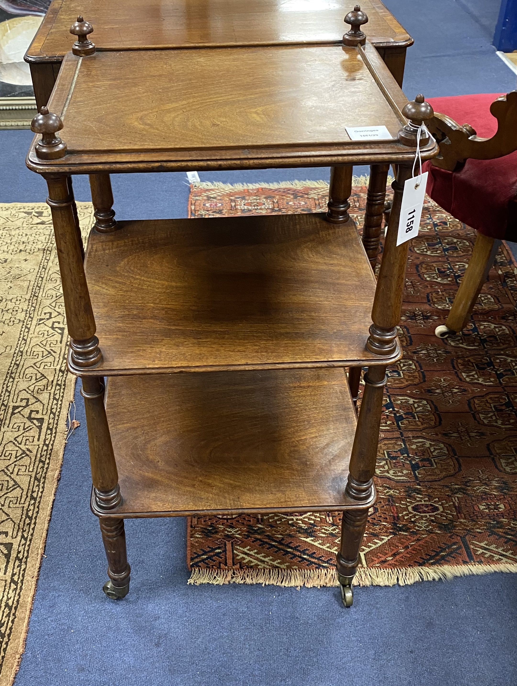 A 19th century mahogany three tier whatnot, width 39cm, depth 35cm, height 79cm